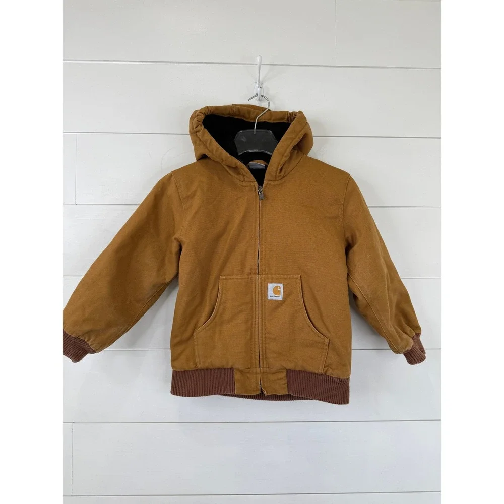 Carhartt Kids Insulated Duck Canvas Active Hooded Workwear Jacket Brown 7-8 S